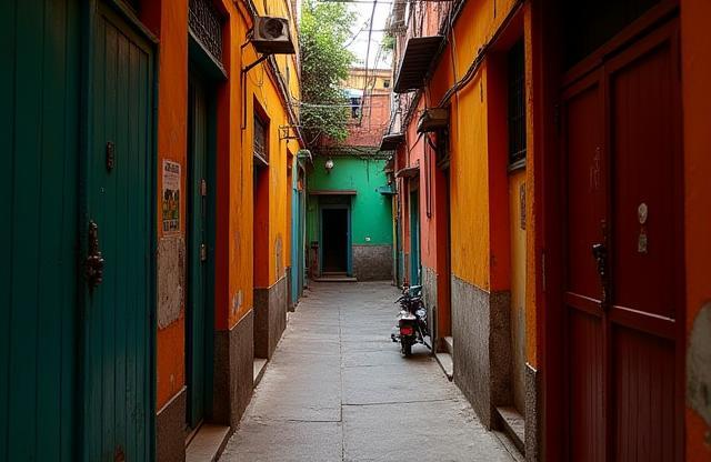 Narrow historic alleyway with vibrant colors in Mumbai